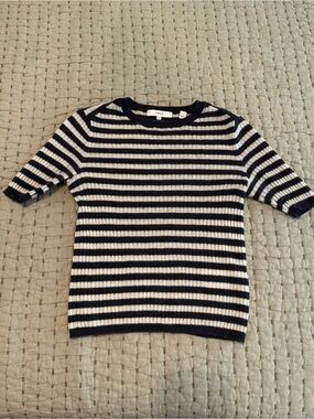Vince 100% Cashmere Grey and White Striped Ribbed Knit Tee